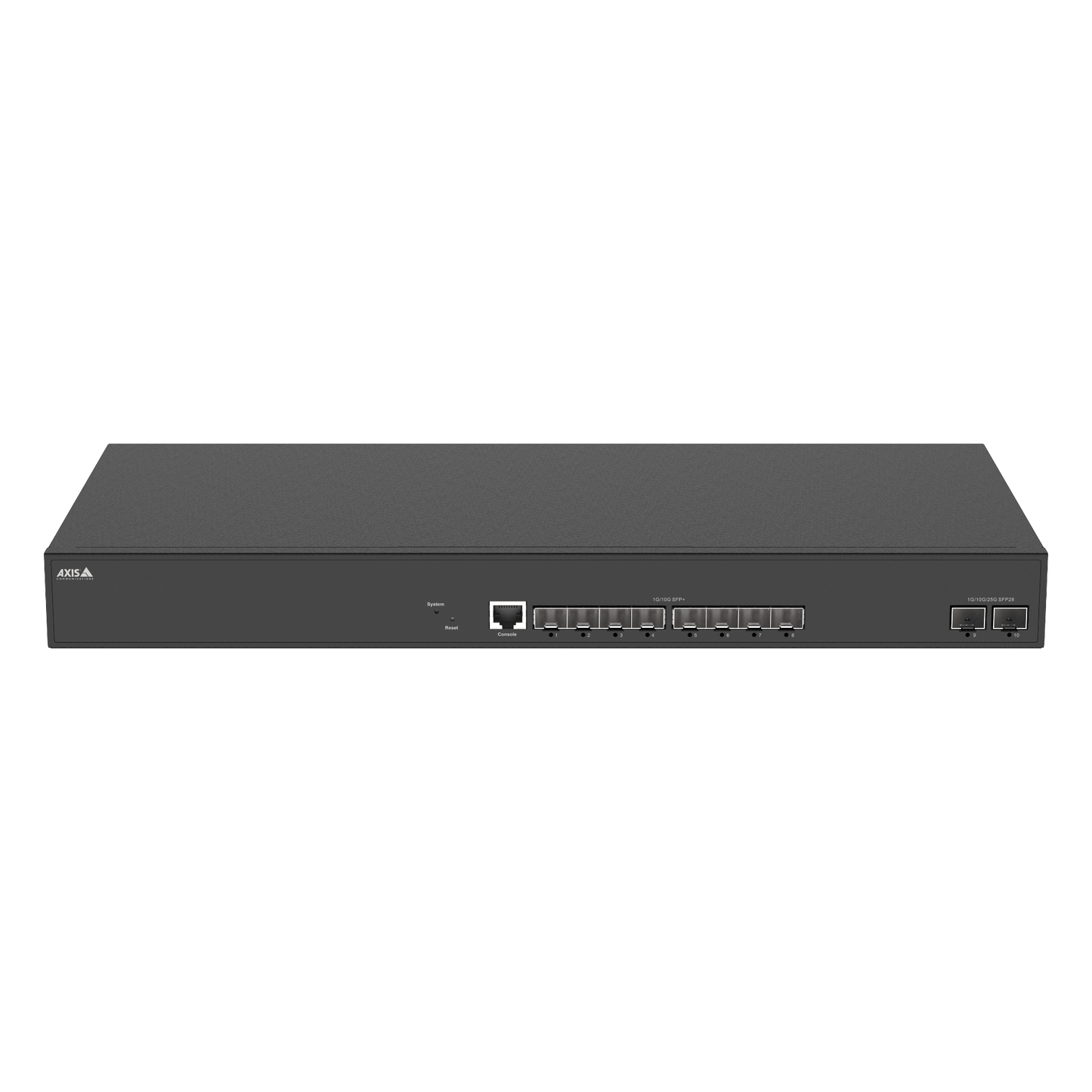 Axis D8308 8-Port Fiber Aggregation Switch Developed for long distance fiber installations. Equipped with eight SFP+ ports, two additional SFP28 ports and one RJ45 console port for configuration.