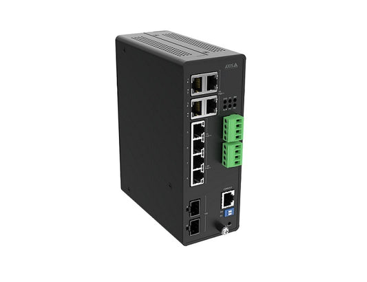 AXIS D8208-R Industrial PoE Switch is a 8-port managed industrial PoE++ Gigabit switch. In addition, the switch is equipped with 2 x RJ45 and 2x SFP data ports that allows for extra devices to be connected